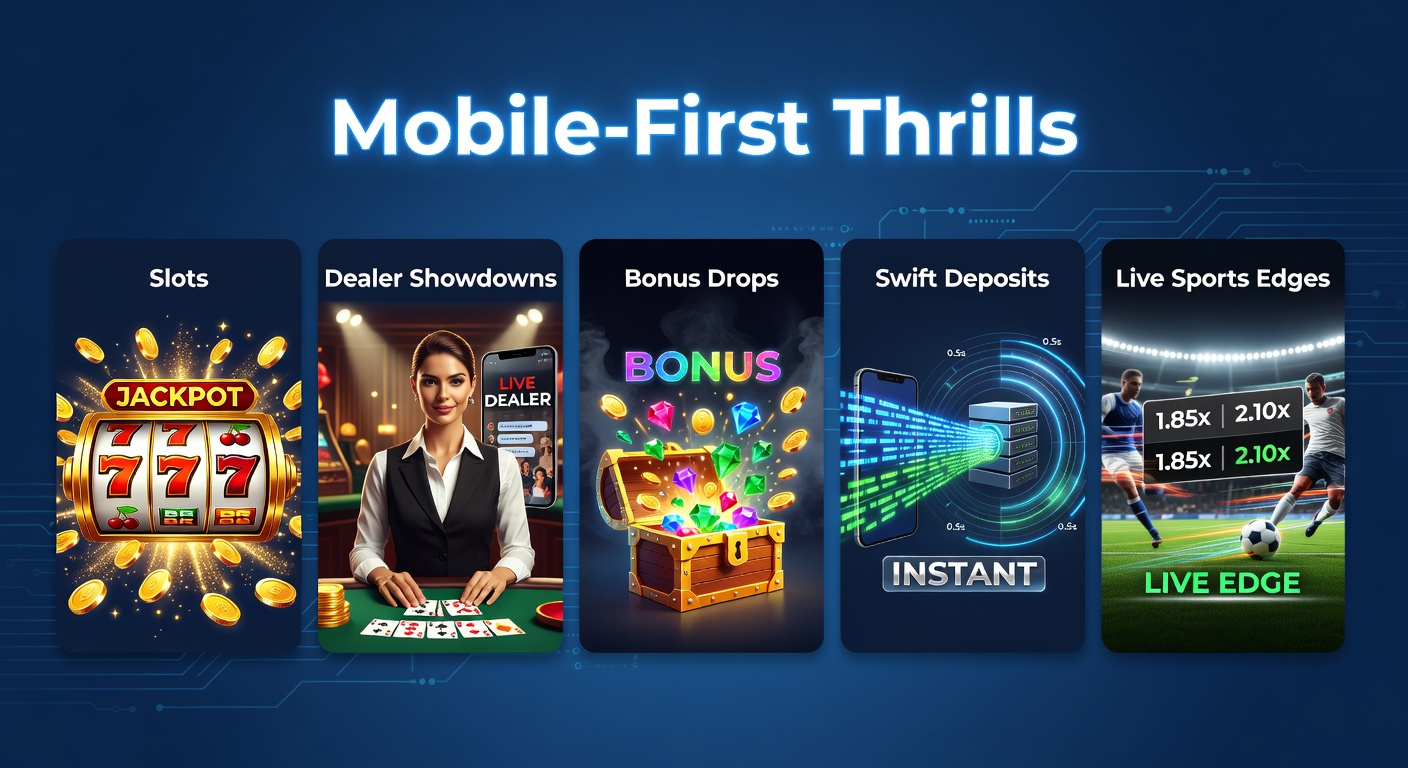 Smartphone mit leuchtenden Slot-Maschinen und Live-Dealer-Tischen im Vordergrund, umgeben von Sportwetten-Elementen und Bonus-Icons