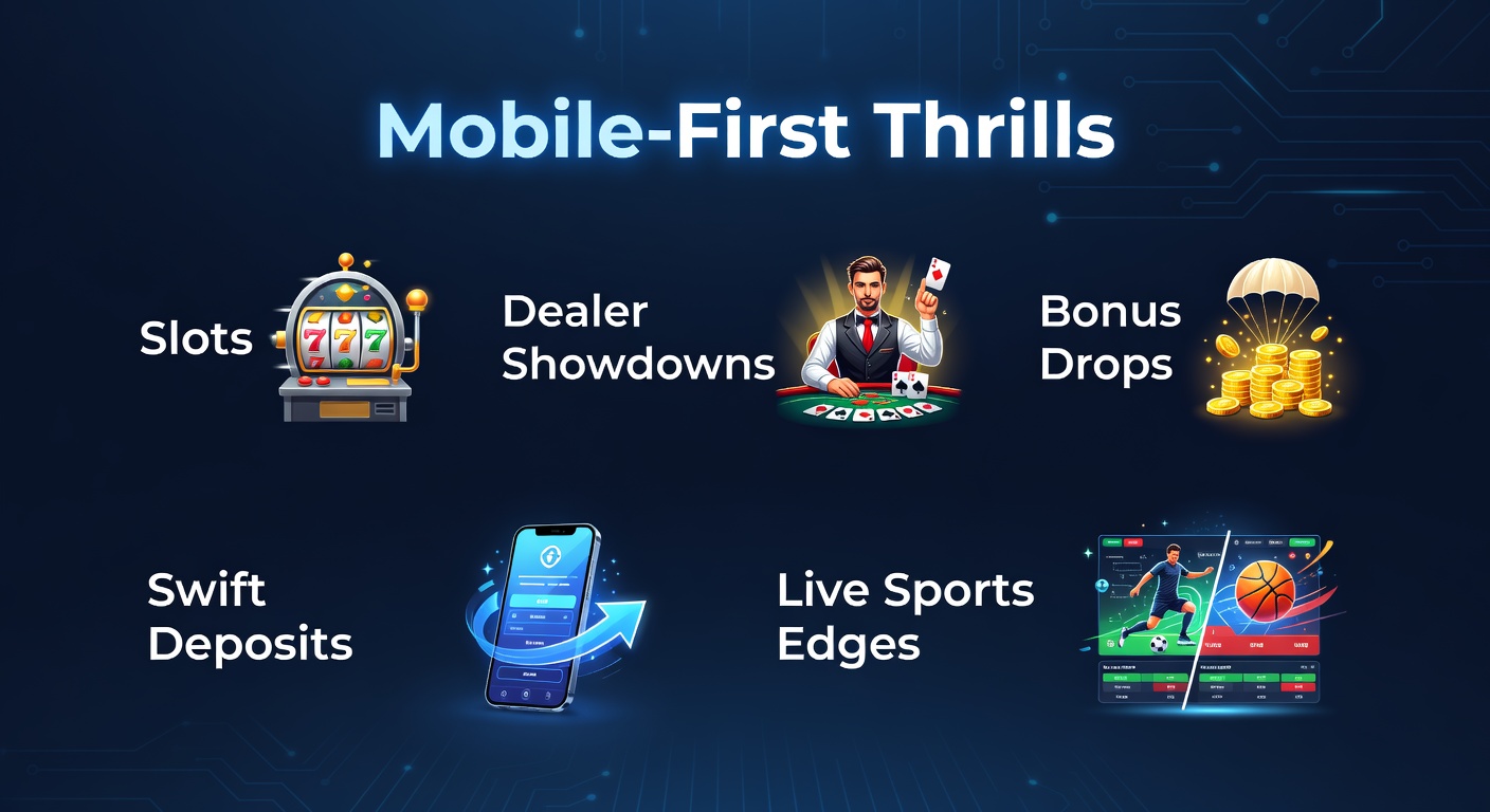 Dynamische Szene mit Live-Sportwetten auf einem Tablet, Bonus-Drops fallen vom Himmel, schnelle Einzahlungs-Icons und Dealer im Hintergrund