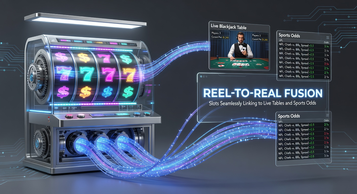 Dynamische Darstellung einer Slot-Maschine, die sich in einen Live-Tisch und Sportwetten-Overlay überblendet, symbolisierend die nahtlose Fusion von Spielwelten